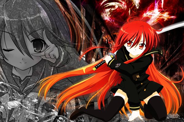 Anime picture 1200x800 with shakugan no shana j.c. staff shana looking at viewer smile red eyes looking away red hair very long hair multiview girl thighhighs uniform weapon black thighhighs school uniform sword katana