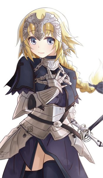 Anime picture 583x1000 with fate (series) fate/apocrypha type-moon jeanne d'arc (fate) (all) jeanne d'arc (fate) rain (nadroj31) single long hair tall image looking at viewer breasts blue eyes blonde hair white background braid (braids) single braid hand on chest girl thighhighs dress