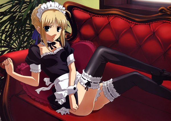 Anime picture 6585x4661 with fate (series) fate/stay night studio deen type-moon artoria pendragon (all) saber highres light erotic maid thighhighs