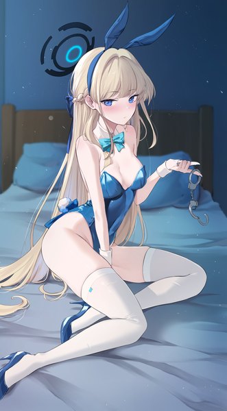 Anime picture 1700x3085 with blue archive toki (blue archive) toki (bunny) (blue archive) feint721 single long hair tall image looking at viewer blush fringe breasts blue eyes light erotic blonde hair sitting animal ears tail blunt bangs animal tail high heels