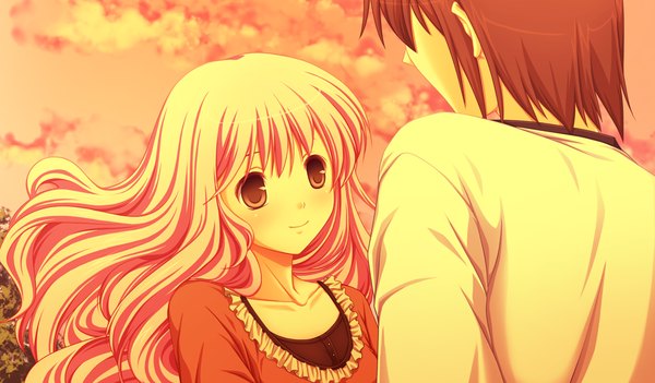 Anime picture 1024x600 with akikaze personal (game) long hair short hair black hair wide image pink hair game cg black eyes couple girl boy