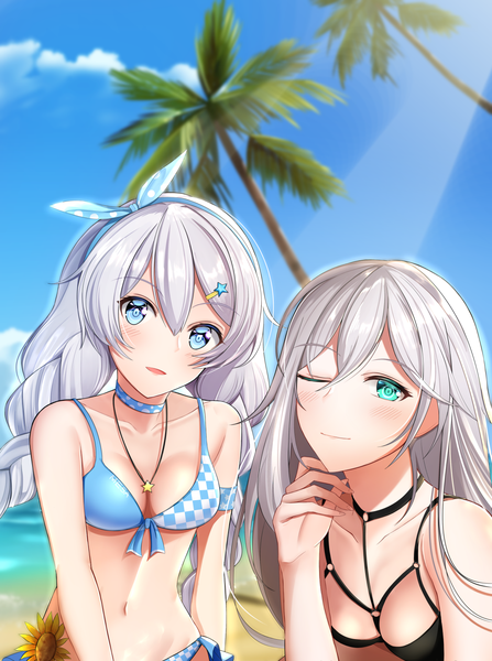 Anime picture 1194x1600 with honkai impact 3rd benghuai xueyuan honkai (series) kiana kaslana cecilia schariac aircell long hair tall image looking at viewer blush fringe breasts open mouth blue eyes light erotic smile hair between eyes multiple girls sky cleavage