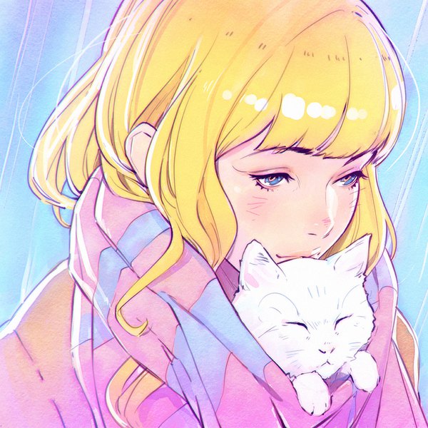 Anime picture 1080x1080 with original ilya kuvshinov single long hair fringe blue eyes simple background blonde hair blunt bangs portrait blue background girl animal scarf cat striped scarf