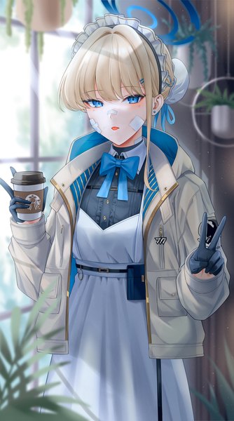 Anime picture 2715x4881 with blue archive toki (blue archive) gfpebs single tall image looking at viewer fringe highres short hair blue eyes blonde hair standing holding indoors blunt bangs long sleeves blurry open jacket maid alternate costume