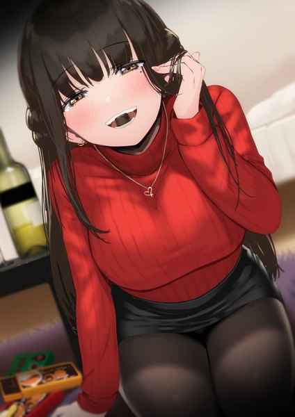 Anime picture 1447x2047 with original pyz (cath x tech) single long hair tall image looking at viewer blush fringe breasts smile brown hair large breasts sitting holding brown eyes blunt bangs long sleeves mole dutch angle mole under eye
