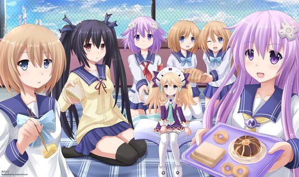 Anime picture 1900x1128 with choujigen game neptune noire neptune (choujigen game neptune) nepgear blanc rom (choujigen game neptune) ram (choujigen game neptune) histoire kazenokaze long hair looking at viewer blush highres short hair open mouth blue eyes black hair blonde hair smile brown hair