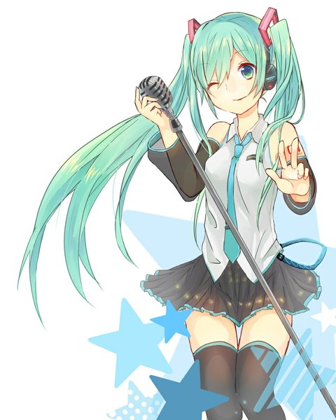 Anime picture 911x1139 with vocaloid hatsune miku single tall image smile twintails very long hair one eye closed aqua eyes wink aqua hair girl thighhighs skirt black thighhighs detached sleeves headphones star (symbol) microphone stand