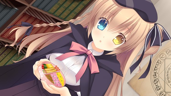 Anime picture 1280x720 with sora tobu hitsuji to manatsu no hana kokuyou ran tanihara natsuki single long hair looking at viewer blush open mouth brown hair wide image game cg heterochromia girl ribbon (ribbons) hair ribbon food book (books) cape beret obento