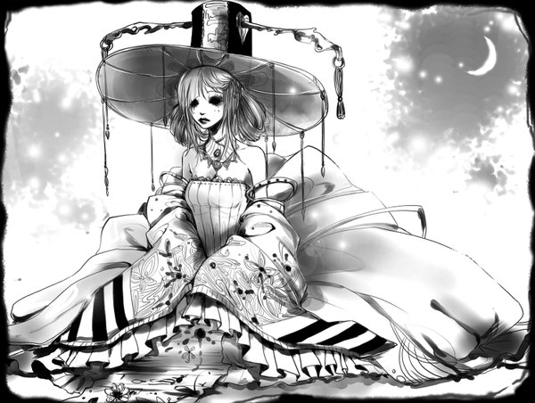 Anime picture 1500x1132 with original hutari (pixiv) black hair bare shoulders monochrome crescent hollow eyes girl dress hat heart