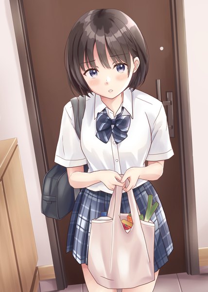 Anime picture 1200x1683 with original yukimaru217 single tall image looking at viewer blush fringe short hair open mouth brown hair standing purple eyes parted lips pleated skirt short sleeves plaid skirt girl skirt uniform school uniform