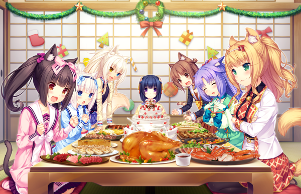 Anime picture 2370x1530 with neko paradise neko works (studio) vanilla (nekopara) chocola (nekopara) coconut (sayori) maple (sayori) cinnamon (sayori) azuki (sayori) minazuki shigure sayori long hair looking at viewer blush highres short hair breasts open mouth blue eyes blonde hair smile