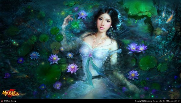 Anime picture 1200x687 with ruoxing zhang (artist) single long hair blush open mouth black hair wide image bare shoulders brown eyes lips realistic inscription ophelia's pose girl dress flower (flowers) earrings water jewelry necklace