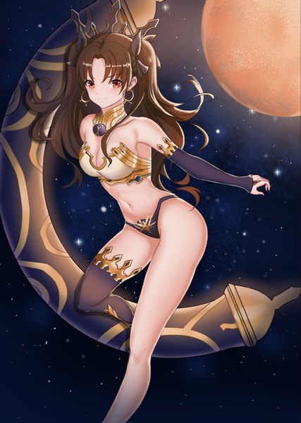 Anime picture 1366x1920 with fate (series) fate/grand order ishtar (fate) minami single long hair tall image looking at viewer blush fringe breasts light erotic hair between eyes brown hair bare shoulders brown eyes cleavage light smile two side up girl
