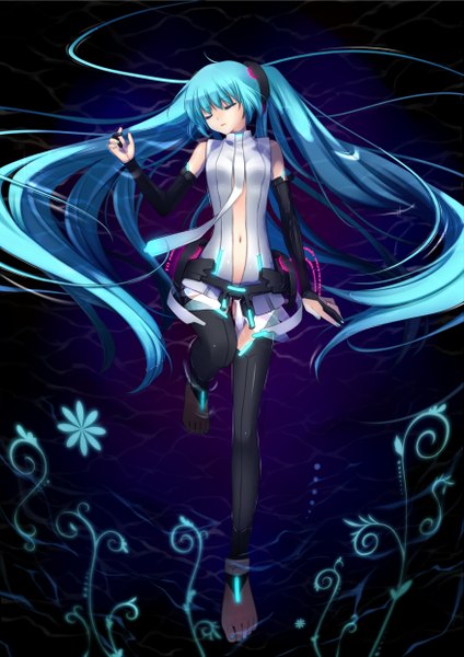 Anime picture 1753x2480 with vocaloid vocaloid append hatsune miku hatsune miku (append) nana mikoto tall image highres twintails eyes closed barefoot green hair sleeping girl