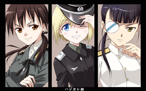 Anime picture 1680x1050 with strike witches erica hartmann gertrud barkhorn sakamoto mio agahari short hair blue eyes black hair blonde hair smile brown hair wide image multiple girls brown eyes yellow eyes ponytail one eye closed wink crossed arms multiview