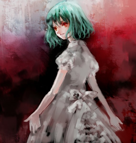 Anime-Bild 1089x1145 mit fukahire (ruinon) single tall image smile red eyes looking back green hair girl dress bow