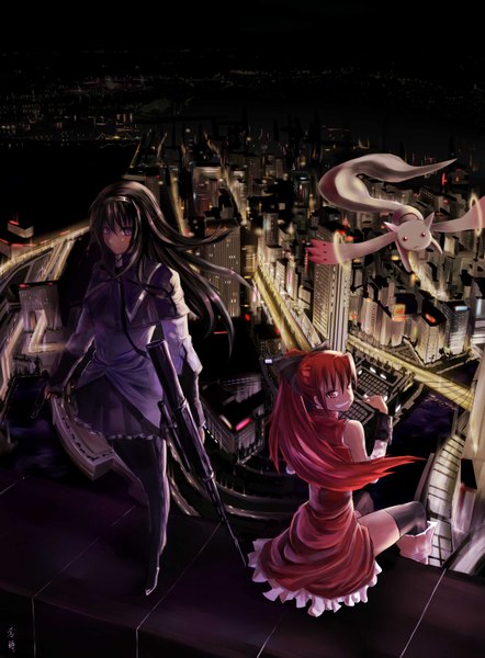 Anime picture 2480x3366 with mahou shoujo madoka magica shaft (studio) akemi homura sakura kyouko kyuubee long hair tall image highres black hair red eyes sitting purple eyes bare shoulders multiple girls absurdres sky ponytail red hair night high heels