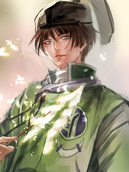 Anime picture 600x800 with touken ranbu nitroplus ishikirimaru yamakawa umi single tall image fringe short hair simple background hair between eyes brown hair traditional clothes parted lips japanese clothes from below grey eyes portrait boy headdress gohei