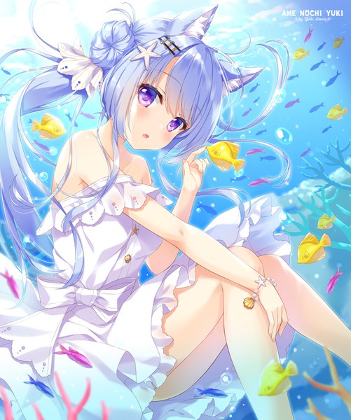 Anime picture 1233x1476 with original ameto yuki single long hair tall image looking at viewer blush fringe open mouth sitting purple eyes twintails bare shoulders animal ears blue hair bent knee (knees) sunlight fox ears fox girl underwater