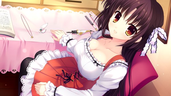 Anime picture 1280x722 with alia's carnival! saijo karin mitha single long hair looking at viewer blush breasts open mouth black hair smile wide image large breasts sitting brown eyes game cg cleavage girl dress bow