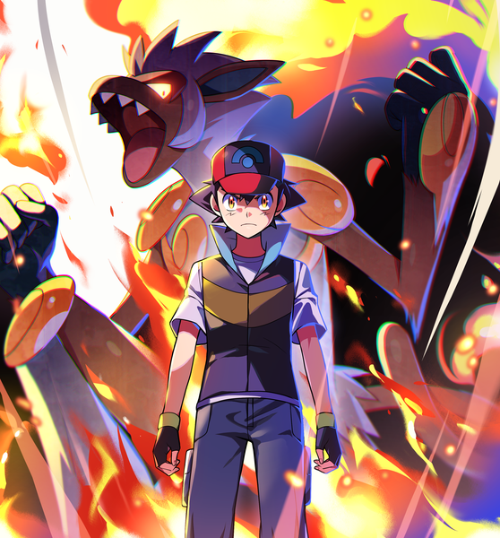 Anime picture 2904x3120 with pokemon pokemon dppt nintendo ash ketchum infernape tuze111 single tall image looking at viewer fringe highres short hair black hair hair between eyes standing yellow eyes shaded face gen 4 pokemon boy gloves