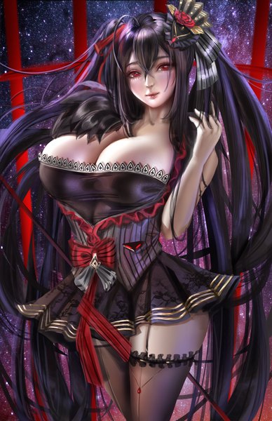 Anime picture 2267x3508 with azur lane taihou (azur lane) taihou (muse) (azur lane) donyta single tall image looking at viewer blush fringe highres breasts light erotic black hair hair between eyes red eyes standing twintails payot cleavage ahoge