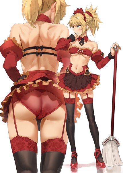 Anime picture 800x1119 with fate (series) fate/grand order mordred (fate) yd (orange maru) tall image blush fringe short hair breasts light erotic simple background blonde hair standing white background bare shoulders holding green eyes looking away full body ass