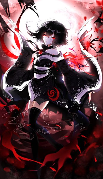 Anime-Bild 2200x3800 mit touhou houjuu nue sheya single tall image looking at viewer highres short hair black hair red eyes signed traditional clothes japanese clothes off shoulder alternate costume no shoes zettai ryouiki dated injury deep wound