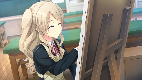 Anime picture 2560x1440 with kanojo step serizawa kuon single long hair highres blonde hair smile wide image game cg eyes closed girl uniform school uniform