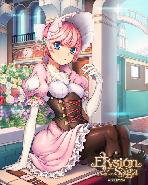 Anime picture 640x800 with elysion saga (card game) ecell (artist) single tall image looking at viewer blush short hair breasts sitting green eyes pink hair girl dress gloves pantyhose elbow gloves bonnet