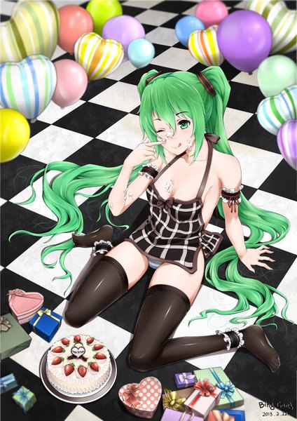 Anime picture 2480x3508 with vocaloid hatsune miku bing gang tall image highres light erotic smile green eyes very long hair one eye closed green hair wink pantyshot checkered floor naked apron girl thighhighs black thighhighs sweets gift