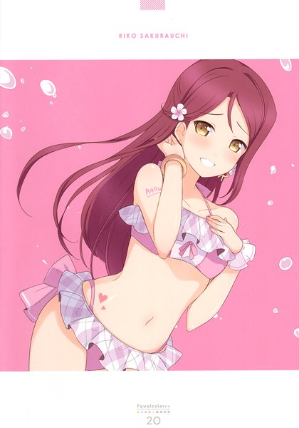 Anime picture 2389x3416 with love live! sunshine!! sunrise (studio) love live! sakurauchi riko 6u (eternal land) single long hair tall image looking at viewer blush highres yellow eyes red hair parted lips hair flower character names adjusting hair pink background girl navel