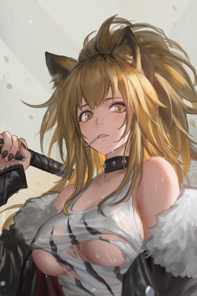 Anime picture 1000x1497 with arknights siege (arknights) youyi (jiam009) single long hair tall image looking at viewer blush fringe breasts light erotic simple background blonde hair hair between eyes large breasts holding animal ears yellow eyes payot upper body