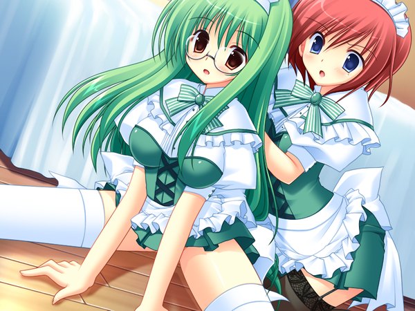 Anime picture 1200x900 with blue eyes multiple girls brown eyes game cg red hair green hair maid girl thighhighs black thighhighs 2 girls white thighhighs