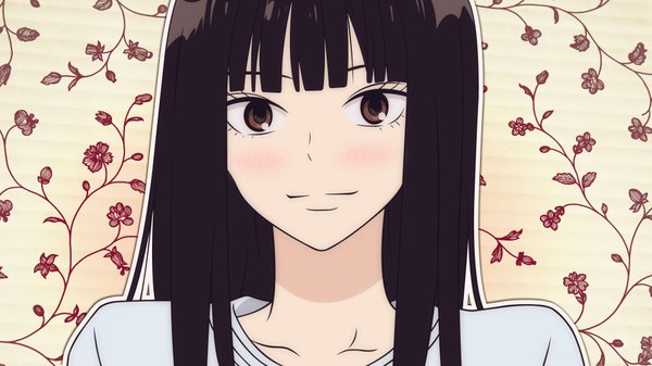 Anime picture 1920x1080 with kimi ni todoke production i.g kuronuma sawako long hair looking at viewer blush fringe highres black hair smile wide image brown eyes portrait close-up vector floral background girl plant (plants)