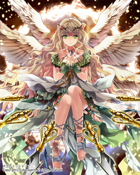 Anime picture 700x875 with original ice (ice aptx) single long hair tall image looking at viewer fringe blonde hair sitting green eyes bent knee (knees) barefoot hair flower bare legs no shoes magic wavy hair white wings glow praying