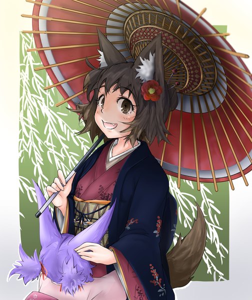 Anime picture 2894x3445 with original noroiken (doitsuken) iwaiken (doitsuken) doitsuken tall image looking at viewer highres short hair open mouth smile brown hair twintails multiple girls brown eyes animal ears purple hair tail traditional clothes japanese clothes animal tail