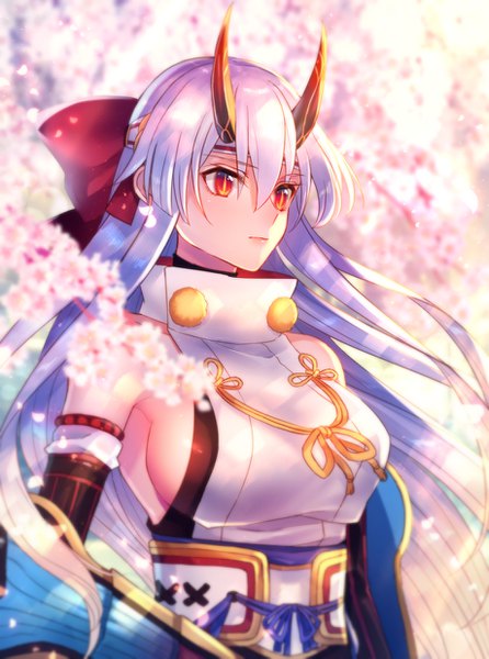Anime picture 920x1237 with fate (series) fate/grand order tomoe gozen (fate) moe (hamhamham) single tall image fringe breasts light erotic hair between eyes red eyes looking away silver hair upper body very long hair traditional clothes japanese clothes horn (horns) wind sunlight