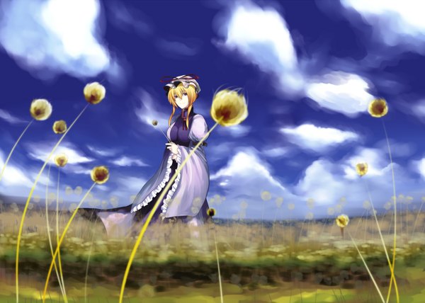 Anime picture 1680x1200 with touhou yakumo yukari harano blonde hair purple eyes sky girl