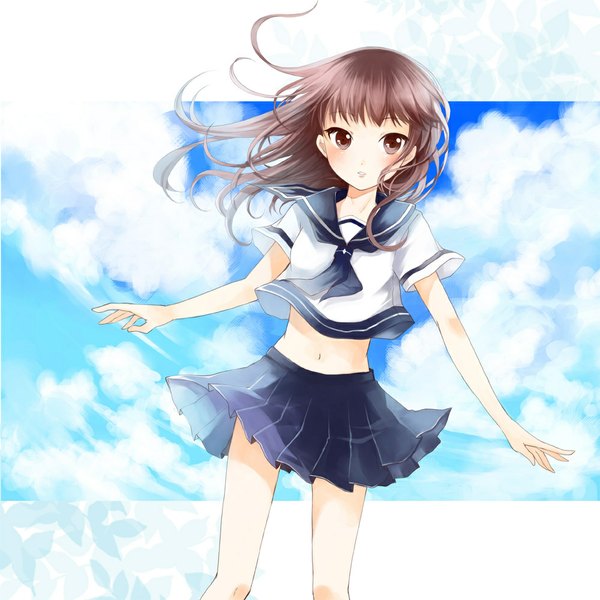 Anime picture 1000x1000 with original miyabi akino single long hair blush brown hair brown eyes sky cloud (clouds) wind spread arms girl navel serafuku