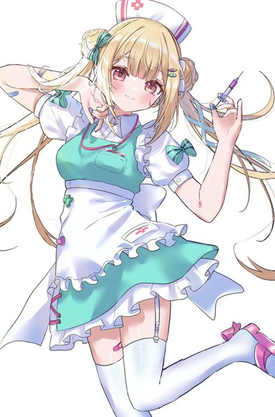 Anime picture 5018x7630 with original shinzousan single long hair tall image looking at viewer blush highres simple background blonde hair smile red eyes standing white background twintails absurdres zettai ryouiki standing on one leg nurse bandaid on leg