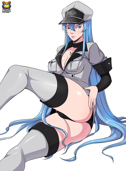 Anime picture 735x1000 with akame ga kill! white fox esdeath kyoffie12 single tall image looking at viewer fringe breasts blue eyes light erotic simple background white background blue hair very long hair tattoo girl uniform underwear panties