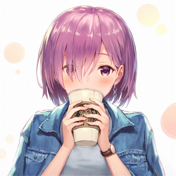 Anime picture 800x800 with fate (series) fate/grand order starbucks mash kyrielight haru (hiyori-kohal) single looking at viewer blush fringe short hair simple background white background purple eyes holding pink hair upper body hair over one eye open jacket alternate costume covered mouth