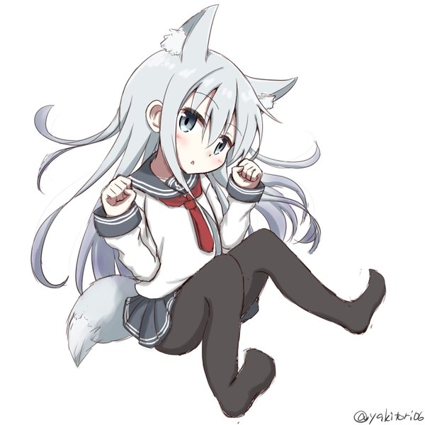 Anime picture 1400x1400 with kantai collection hibiki destroyer yakitori (yakitori06) single long hair looking at viewer blush fringe open mouth simple background hair between eyes white background sitting signed animal ears payot silver hair bent knee (knees) tail long sleeves