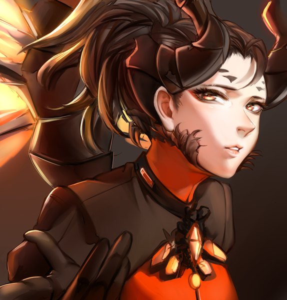 Anime picture 2031x2125 with overwatch blizzard entertainment mercy (overwatch) devil mercy yaya (shizuku) single tall image highres short hair simple background brown hair looking away upper body ponytail parted lips horn (horns) orange eyes dark background alternate hair color alternate eye color