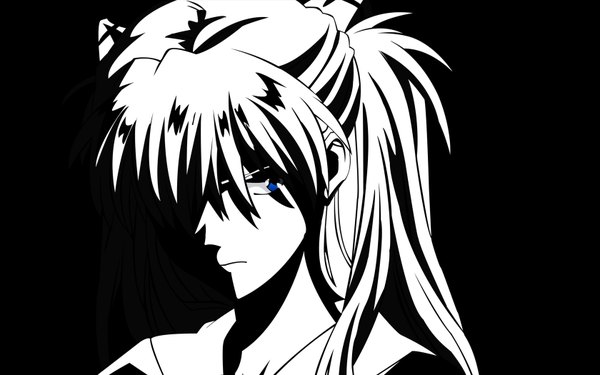 Anime picture 1680x1050 with neon genesis evangelion gainax soryu asuka langley blue eyes simple background wide image black background monochrome girl