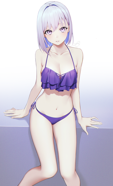 Anime picture 2480x4093 with original kuen (kuennn12) single tall image looking at viewer blush fringe highres short hair breasts light erotic simple background hair between eyes large breasts white background sitting purple eyes signed silver hair parted lips