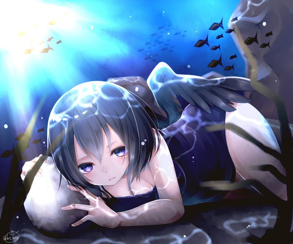Anime picture 1800x1499 with original chita (ketchup) single looking at viewer blush fringe highres short hair breasts blue eyes light erotic black hair hair between eyes holding signed sunlight underwater girl swimsuit animal