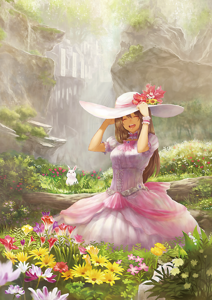Anime picture 1500x2122 with original pixiv festa guchico single long hair tall image open mouth brown hair sitting eyes closed happy rock girl dress flower (flowers) plant (plants) hat animal corset bunny