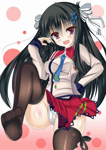 Anime picture 1000x1412 with lieselotte (artist) single long hair tall image looking at viewer blush open mouth light erotic black hair red eyes girl thighhighs skirt underwear panties ribbon (ribbons) black thighhighs hair ribbon clothes